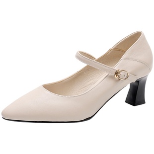 31 32 33小码粗跟真皮单鞋2023秋冬新款女士尖头高跟鞋百搭工作鞋