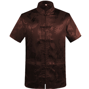 夏季唐装男短袖上衣中老年人中式立领中国风民族服装盘扣大码衬衫