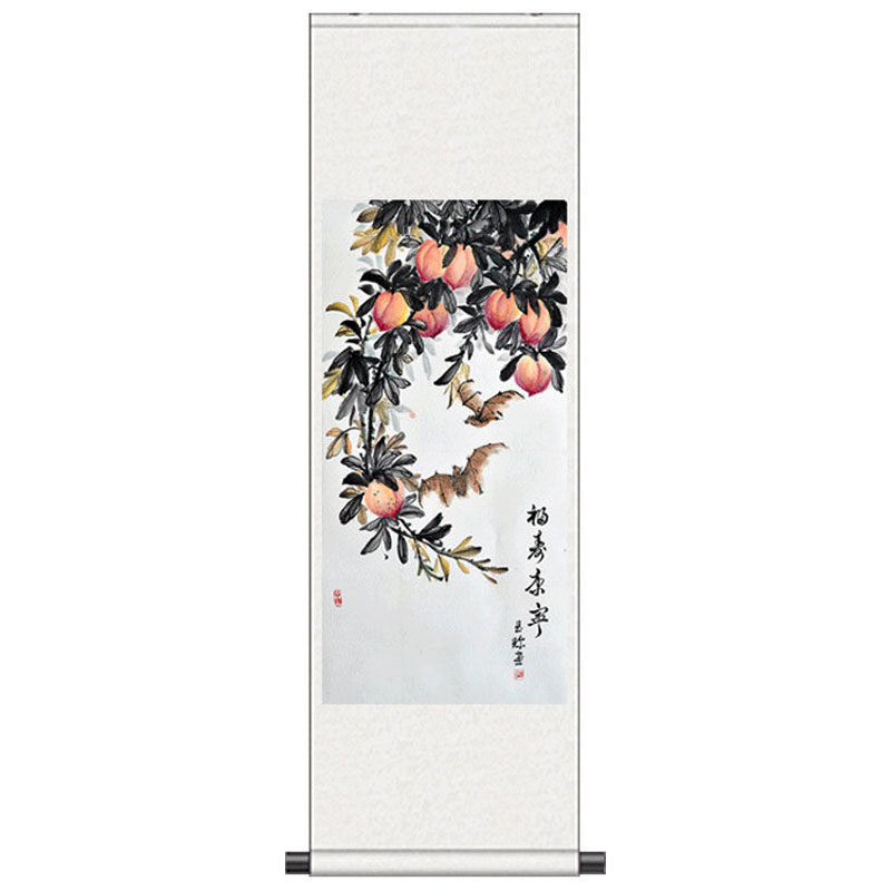 福寿康宁吉祥长寿卷轴画丝绸画定制客厅字画风水画桃子图国画花鸟