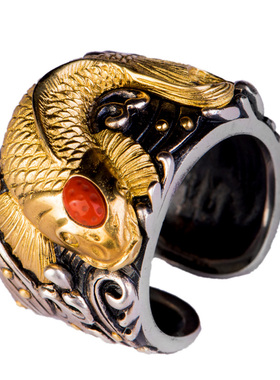 鸿运当头锦鲤纯银戒指民族风