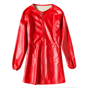 女士PU皮长袖围裙防水防油软皮秋冬羽绒服防脏罩衣护衣皮革工作服