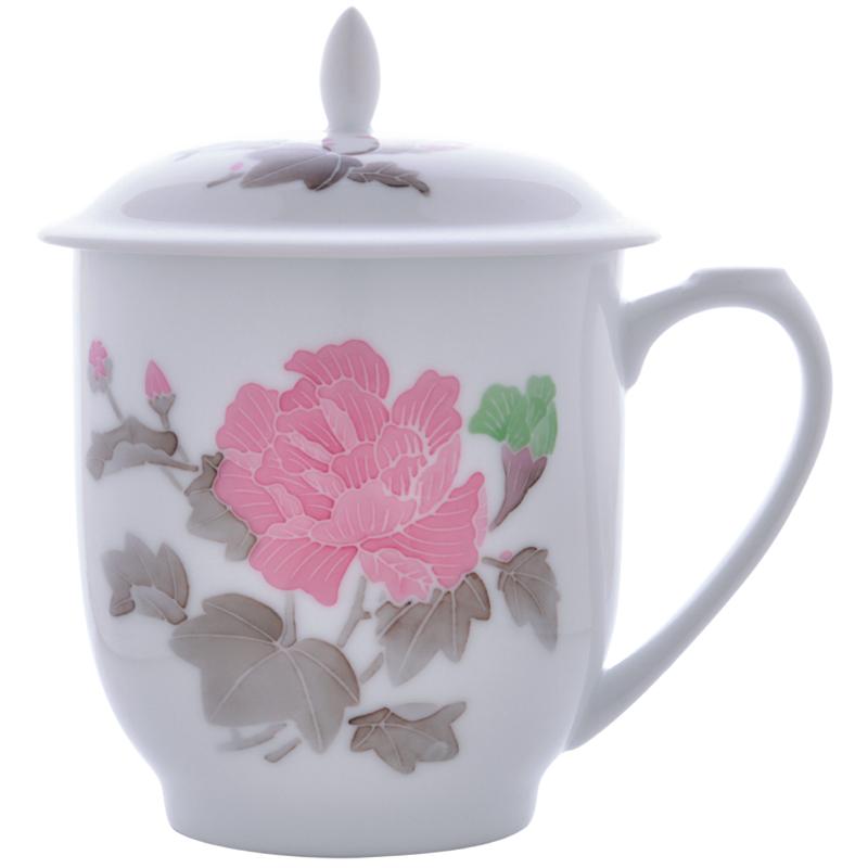 千红窑办公室茶杯毛瓷杯子陶瓷带盖泡茶杯手绘会议杯醴陵瓷器定制