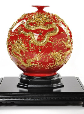 厦门漆线雕中国红瓷器花瓶天地方圆家居乔迁结婚礼品博盛陶瓷摆件