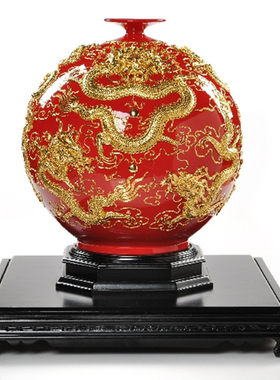 厦门漆线雕中国红瓷器花瓶天地方圆家居乔迁结婚礼品博盛陶瓷摆件