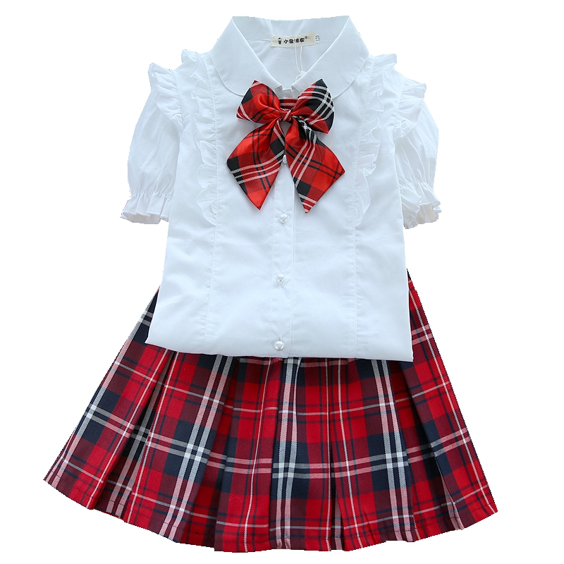 女童套装夏季青少儿童白衬衫短袖宝宝格子短裙校服演出服洋气新款