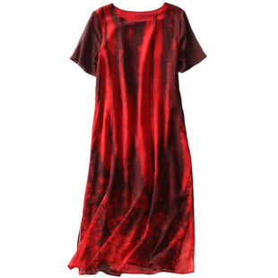 清库存 清仓特价 女装真丝连衣裙黑白印花圆领短袖长款薄款连身裙