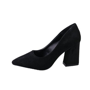 高跟鞋女粗跟4 6 8 厘米中跟正装职业礼仪面试工作鞋黑色绒面单鞋