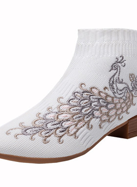 时尚女鞋女靴子老北京布鞋飞织绣花鞋民族风汉服鞋休闲短筒女单靴