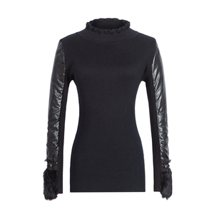 真兔毛加厚皮袖打底衫女秋冬高领羽绒棉袖针织衫搭配皮草内搭小衫