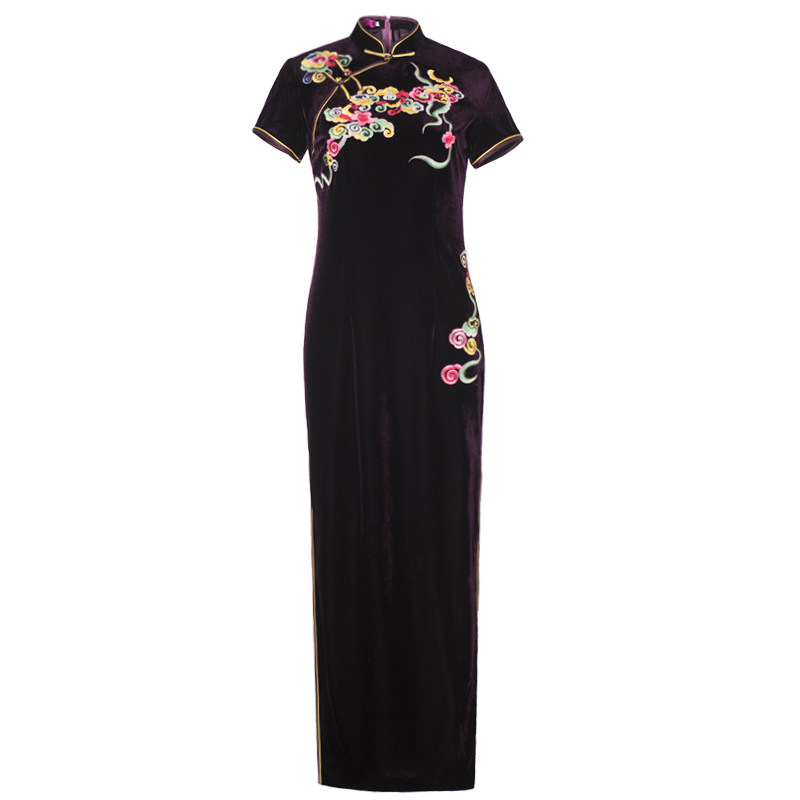 华族经典金丝绒旗袍裙长款改良修身显瘦大码宴会婚礼婚宴礼服旗袍