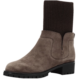 Aee/爱意冬季靴子羊皮拼接粗跟中跟圆头弹力瘦瘦靴袜靴1618505040