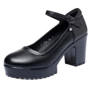 一字扣模特走秀鞋防水台高跟鞋女厚底圆头粗跟真皮鞋工作鞋女单鞋