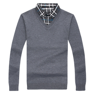 春秋男士长袖T恤青年针织衫假两件毛衣薄款休闲男装衬衫领打底衫