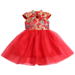 儿童旗袍表演服公主蓬蓬裙中国范儿风唐装女童古筝舞台演出礼服秋