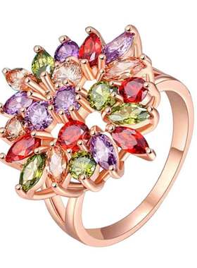 七彩锆石百搭水晶花朵礼物戒指