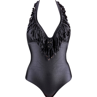 高端连体泳衣低胸灰色显瘦性感露背温泉度假流苏深v大胸纯色泳装