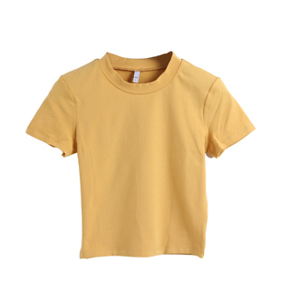 棉短款露肚脐T恤女短袖紧身黑色上衣高腰韩国半高领女装纯色短装