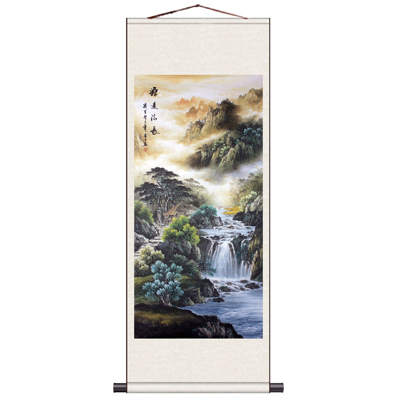 迎客松流水生财丝绸卷轴画国画条幅靠山画风水壁画玄关画招财山水