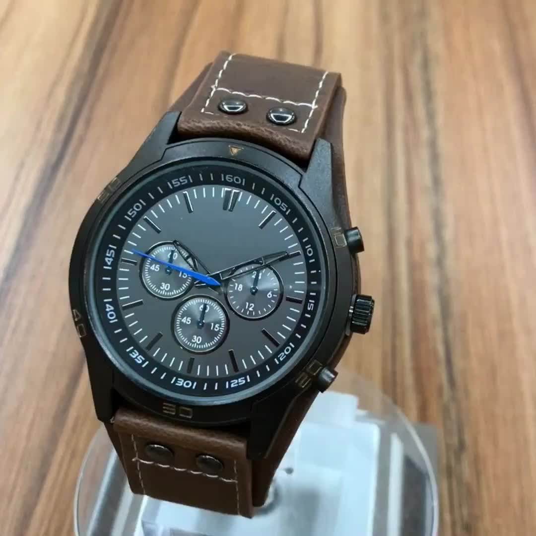 Japan Movt Quartz Watch Stainless Steel Back Men Luxury Leather Strap