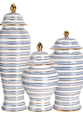 轻奢蓝白金色横纹陶瓷罐将军坛