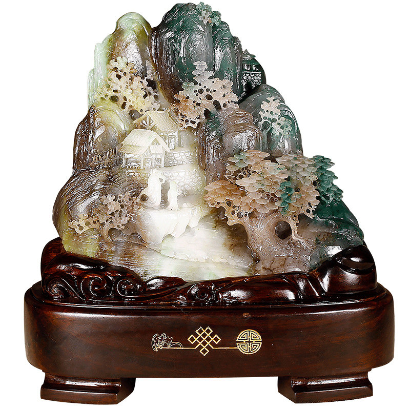 独山玉山水摆件三色天然玉石