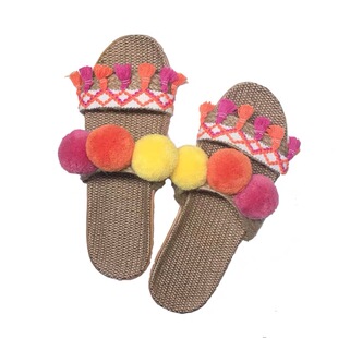 泰国旅游度假改良亚麻平底毛球草编鞋海边可爱仙女拖鞋民族风凉鞋