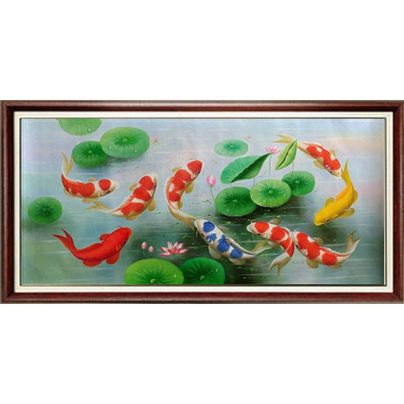 九鱼图招财风水镇宅横版手绘油画