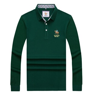 特价纯棉长袖翻领t恤男装品牌POLO衫宽松有领马年上衣服T绿色