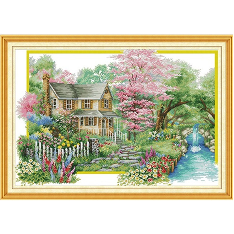 河边别墅十字绣春天花园小屋风景