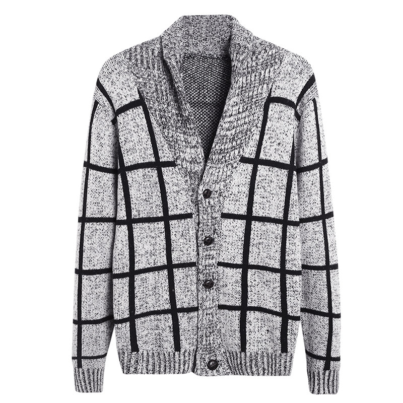 潮男士针织衫开衫外套韩版格子拉链加厚毛衣黑色翻领修身夹克毛衫