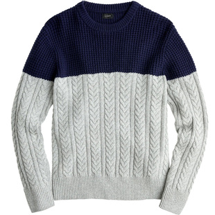 J.crew超厚重磅保暖美丽奴羊毛混纺拼接撞色针织毛衣秋冬男JCREW