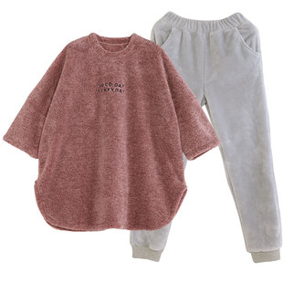 曼系冬季珊瑚绒情侣睡衣韩版宽松大码女家居服秋冬保暖加绒男套装