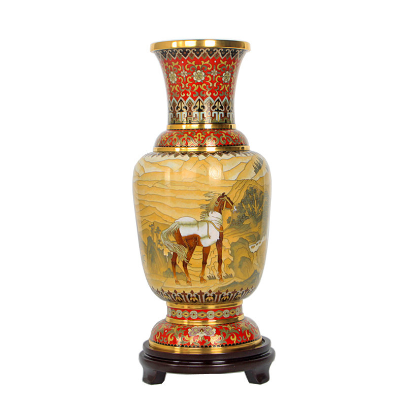 景泰蓝花瓶张向东大师作品15英寸四骏图赏瓶红色北京特色工艺品