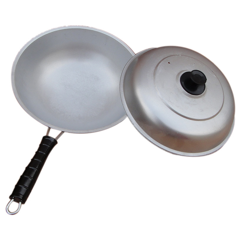 铸造纯铝炒锅铝炒勺铝炒瓢平底锅胶木把不生锈无涂层32-34cm