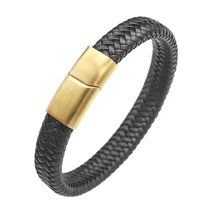 欧美复古黑色皮编织手链高档简约金色磨砂钛钢手环刻字可穿3D硬金