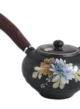 铁锈釉立体手工扒花木柄功夫茶具