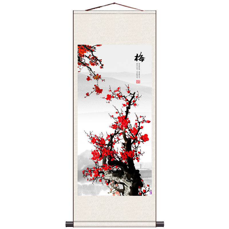 新中式玄关竖版入户禅意梅花壁画
