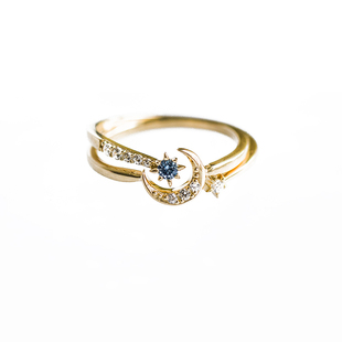 日系定制star jewelry星月传说蓝锆星星月亮组合套戒指925银镀金