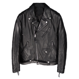 余文乐着用款613日版限定修身腰带机车羊皮骑士绵羊皮真皮皮衣男
