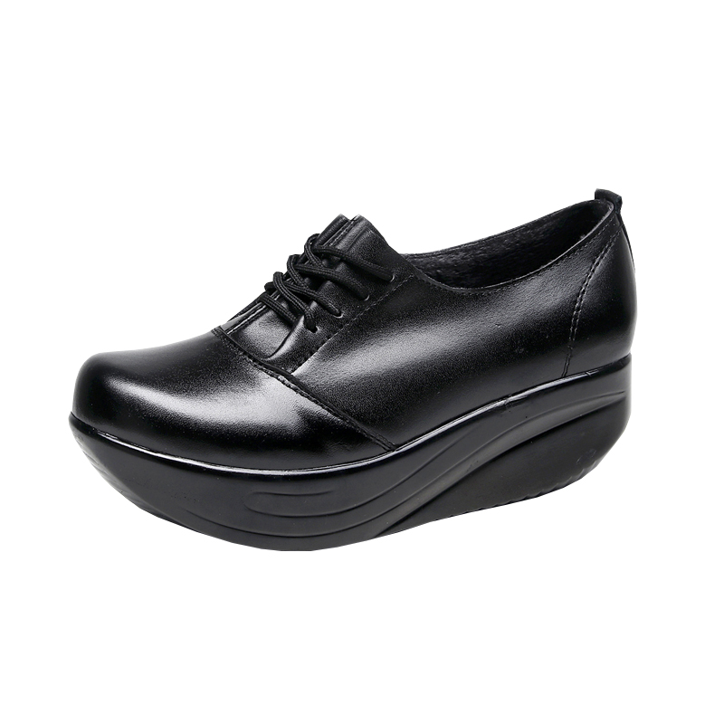 真皮妈妈单鞋坡跟厚底摇摇鞋松深口系带防滑软底加绒保暖大码女鞋