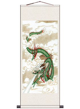 风水挂画招财龙挂画双龙戏珠丝绸卷轴画青龙玄关酒店壁画福娃朝龙