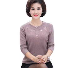 中老年女春装长袖针织衫薄款毛衣1