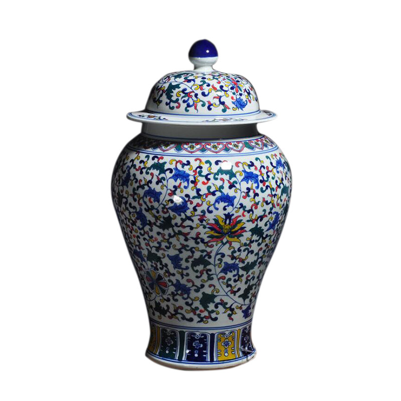 花瓶陶瓷五彩青花瓷摆件 仿古手绘米缸茶叶将军罐 家用客厅装饰品