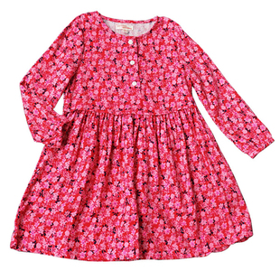 2-8岁 法单春夏款女孩小童柔软人棉玫红色碎花长袖连衣裙娃娃裙子
