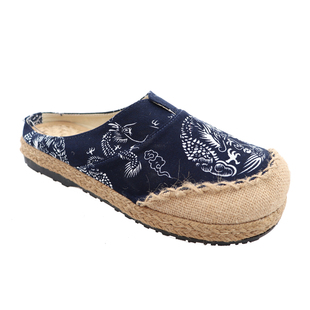 复古新款亚麻龙腾青花瓷古典草编藤草包边手工缝制大码情侣拖鞋男