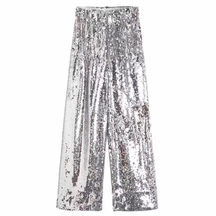 春秋Blin闪闪亮片阔腿裤女松紧腰九分裤亮晶晶宽松休闲直筒长裤子