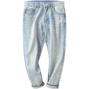 新款九分 牛仔裤男冬季款破洞宽松直筒锥形小脚赤耳丹宁港风裤子