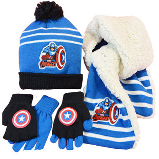 薄款厚款加绒美国队长男童儿童帽子围巾手套三件套装针织新年礼物