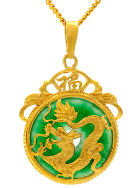 镀金镶玉项坠女 镀金坠子 复古圆形玉石吊坠 diy首饰品送红绳