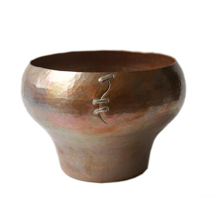 无砚纯手工紫铜建水茶洗纯铜锔银工艺铜水盂铜钵茶废水桶补丁钵盂